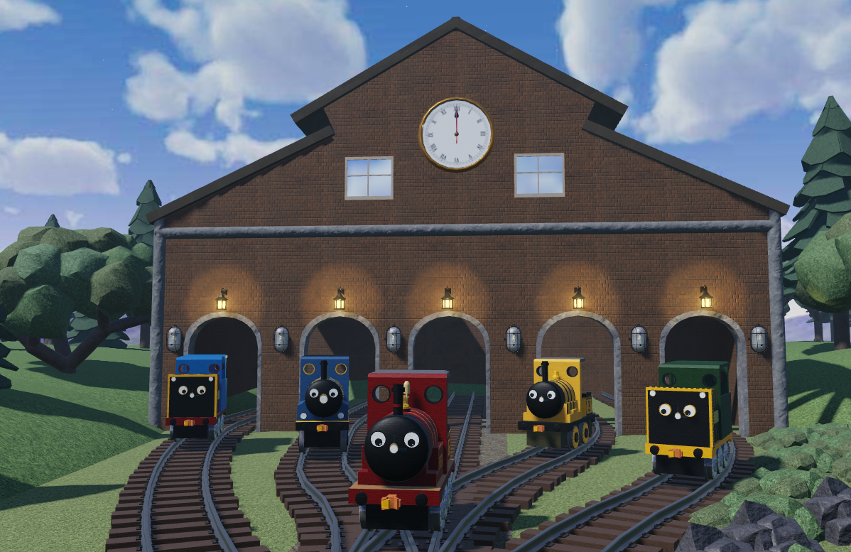 Rex and friends at the Evertrail engine shed, official R4L Studios artwork